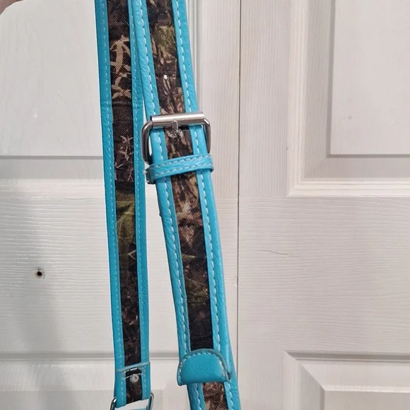 Faux leather and camouflage canvas studded rhinestone crossbody bag - teal/green - Picture 12 of 12